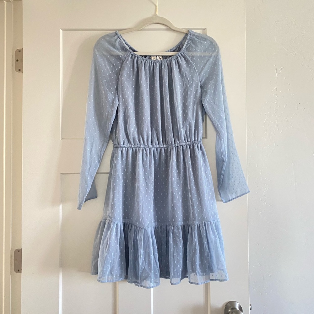 H&M Divided Light Blue Swiss Dot Semi-Sheer Long Sleeve Mini Dress